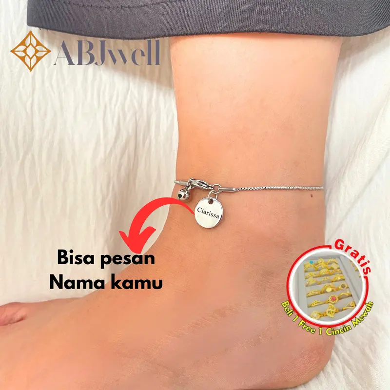 Gelang Kaki Custom Nama Perempuan - Titanium silver Koin Kecil Jedar - Rantai, Silver 0