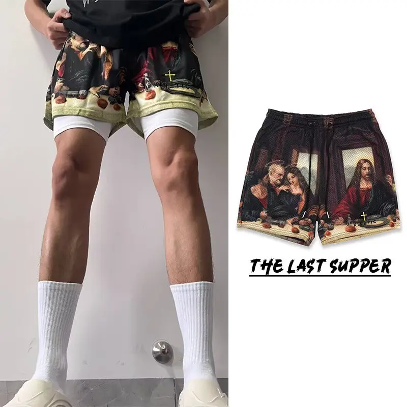 Men's Street Retro "the Last Supper"Printing Mesh Shorts Trend Vintage Basketball Shorts Hip Hop Short Pants