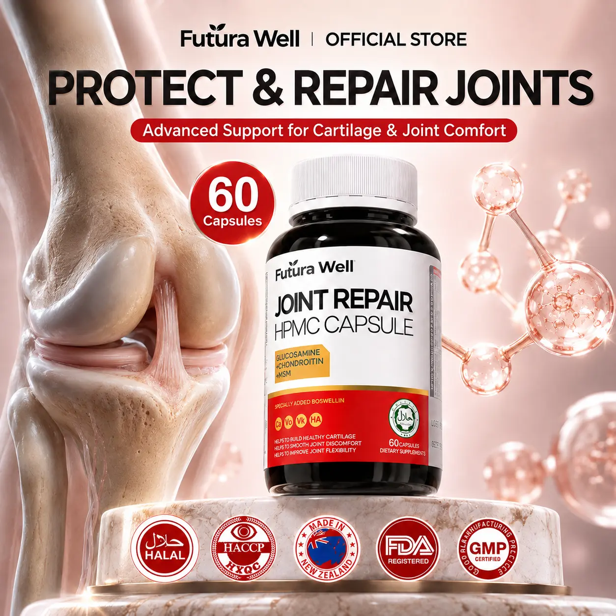 Futura Well Joint Repair Capsules – Feel The Difference In Just Days! Powerful Glucosamine + Calcium + Vitamin D Formula for Stiff Knees Joint Pain Cartilage Recovery Bone Strength Smooth Walking Climbing Running & Full Body Mobility Support – 60 Capsules