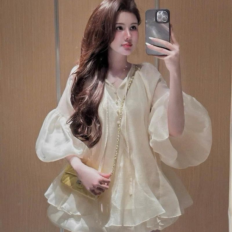 SET TƠ Cổ Áo Cúc Ngọc Tay Bồng Dáng Xoè Mix Quần Bí - Hân Linh shop