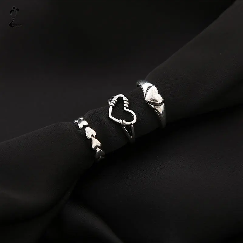 【lingerly】3pcs Cincin Model Terbuka Desain Gelombang Hati Warna Silver Gaya Vintage Untuk Wanita Z 4