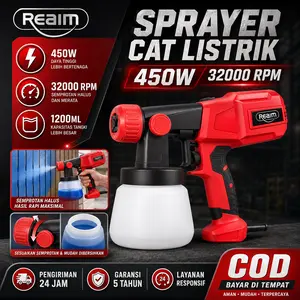 REAIM Spray Gun Listrik Pro Mesin Cat Semprot 450W 1200ML Sprayer Cat Elektrik Alat Semprot Cat 3 Pola Semprot Untuk Cat Tembok Kayu Besi Pagar Renovasi Rumah Tukang Cat Hasil Halus Kuat Tahan Lama Garansi 5 Tahun