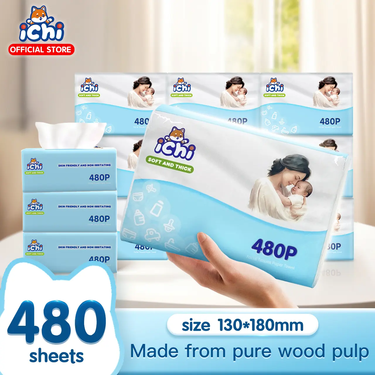 【8 Pack】 ICHI Soft Tissue Deluxe Soft Facial Tisu 3-Ply 480 Sheets tissue cheerful thickness bilik air thickness belajar boleh terdegradasi bilik tidur Tisu Disposable