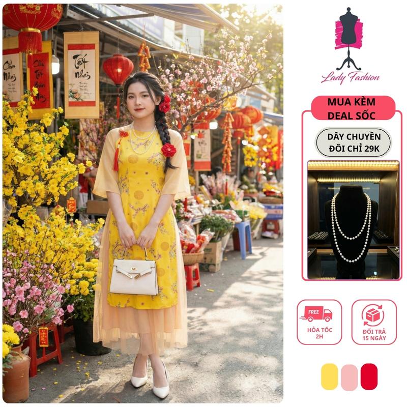 Ladyfashion- Áo dài cách tân gấm hoa Mai Đào ngày tết AD198 - phối chân váy lưới