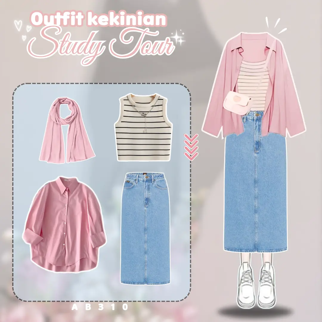 4 In 1 Set AB310 - One Set Korean Style Outfit Study Tour Simpel One Set Wanita Kekinian Vest Korean Rajut Setelan Rok Jeans Atasan