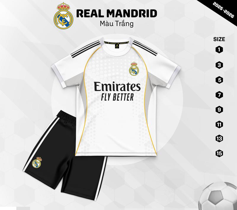 TRẺ EM Có in Tên-Số 2026 Real Madrid Trắng * Bộ Đồ Thể Thao in Theo Yêu Cầu . Tặng Kèm MIỄN PHÍ VỚ Dệt Kim Cao Cấp sân nhà -vãi Thun Lạnh SAO VIỆT - Áo Trắng Quần Đen 2025 - NOBI SPORT - Áo Bóng Đá Đồ Đá Banh - Unisex Thoáng Mát TRANG PHỤC