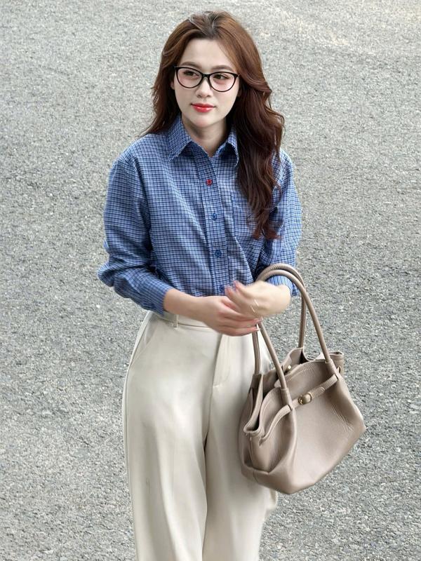 Áo sơ mi nữ caro thêu La Merci sơ mi công sở áo sơ mi thiết kế A12