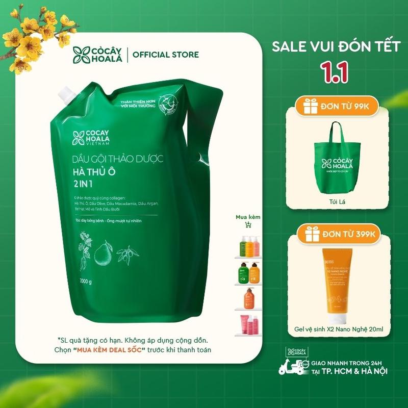 Dầu Gội Thảo Dược Cỏ Cây Hoa Lá Hà Thủ Ô 2in1 Giúp Dưỡng Tóc Mềm Mượt - Túi Refill 2000g - Dành cho tóc bạc sớm