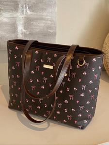 女性用のエレガントなDitsy Floral Bow Pattern PUレザートートバッグ、毎日使用するための大容量ショルダーバッグ、カジュアルでトレンディで多目的な高品質な日常通勤バッグ