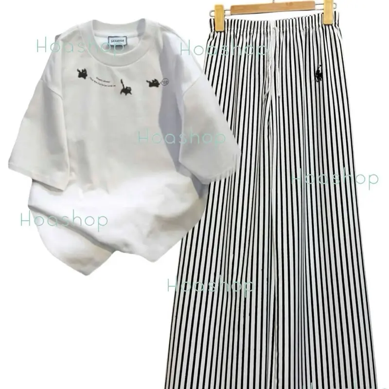 ￼Set bộ áo thun cotton form rộng mix quần xuông kẻ dọc thêu ngựa hot women 7
