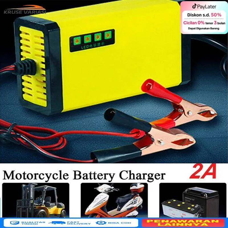 【MonQIQI】Charger Aki Portable 12V 2A Motor Mobil Charger Aki Motor Kering Dan Basah LED Indikator car kabel 0