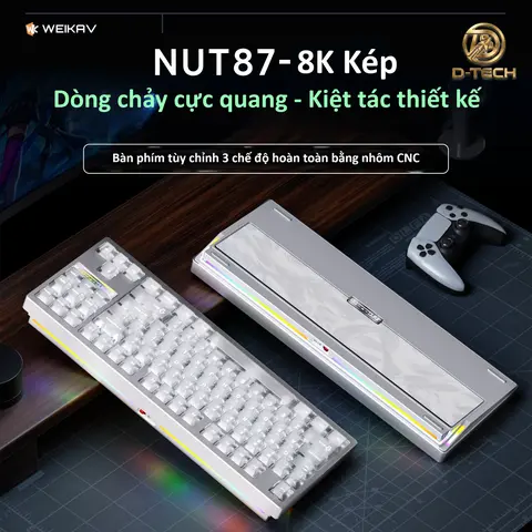 Bàn phím Weikav NUT 87, Layout 87%, Full nhôm cao cấp, Tấm định vị FR4, Tạ thép họa tiết lông vũ, LED RGB, PIN 10000mAH.