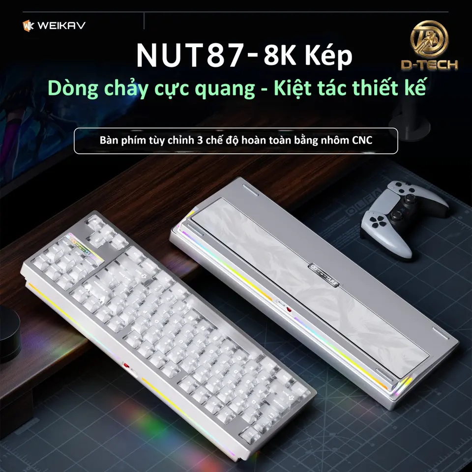 Bàn phím Weikav NUT 87, Layout 87%, Full nhôm cao cấp, Tấm định vị FR4, Tạ thép họa tiết lông vũ, LED RGB, PIN 10000mAH.