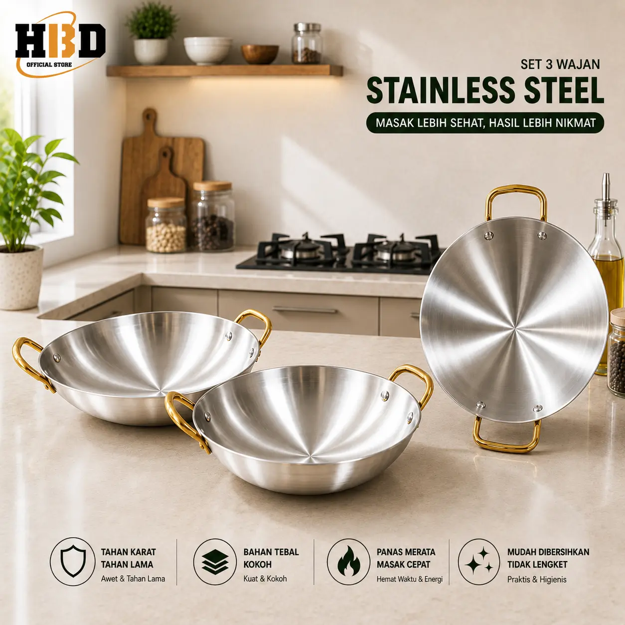 COD wajan 3PCS24-26-28CM Venus Store-Wok Kual Wajan Penggorengan Gagang Seasoning Anti SteelTifale Wajan Stainless Dengan Pegangan Stainless Kuali Premium Premium Quality Anti Lengket Wajan Stainless Steel Tebal Tahan Panas Tanpa Coating/evil