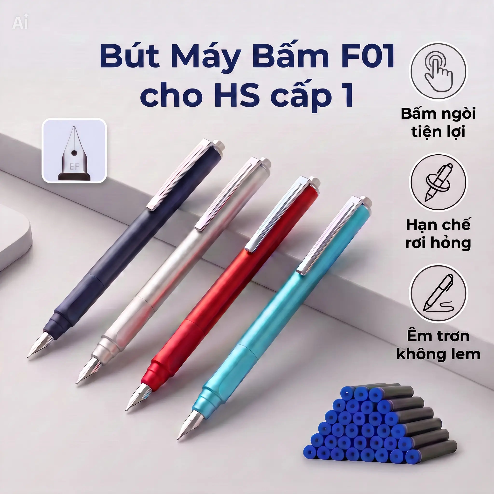Bút Máy Bấm EF Ngòi 0.38mm (tặng kèm viên dưỡng ẩm ngòi bút) Viết êm trơn Cho HS Tiểu Học lớp 1-5 Tặng ống mực & PC Bơm Mực Lọ