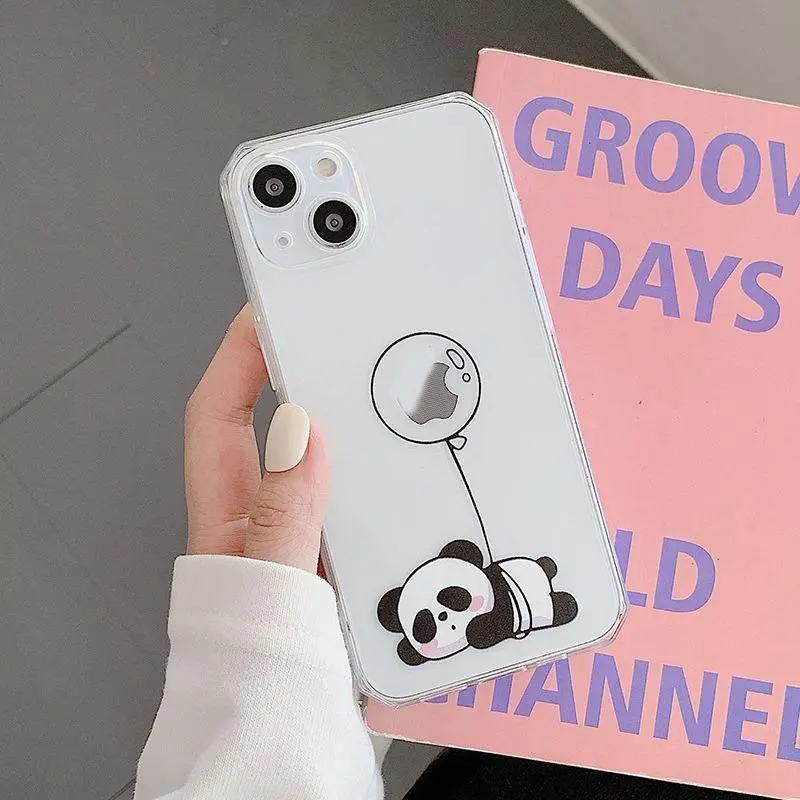 Soft Case TPU Transparan Motif Kartun Panda Lucu untuk iPhone 15 14 13 12 11 Pro Max X XR XSMAX 7P 7G 5