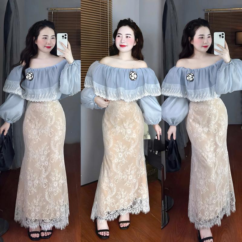 Set đồ nữ áo voan phối ren tay dài bồng trễ vai đính bông kèm chân váy ren hoa 2 lớp sang chảnh phù hợp cho các nàng diện đi chơi đi tiệc 