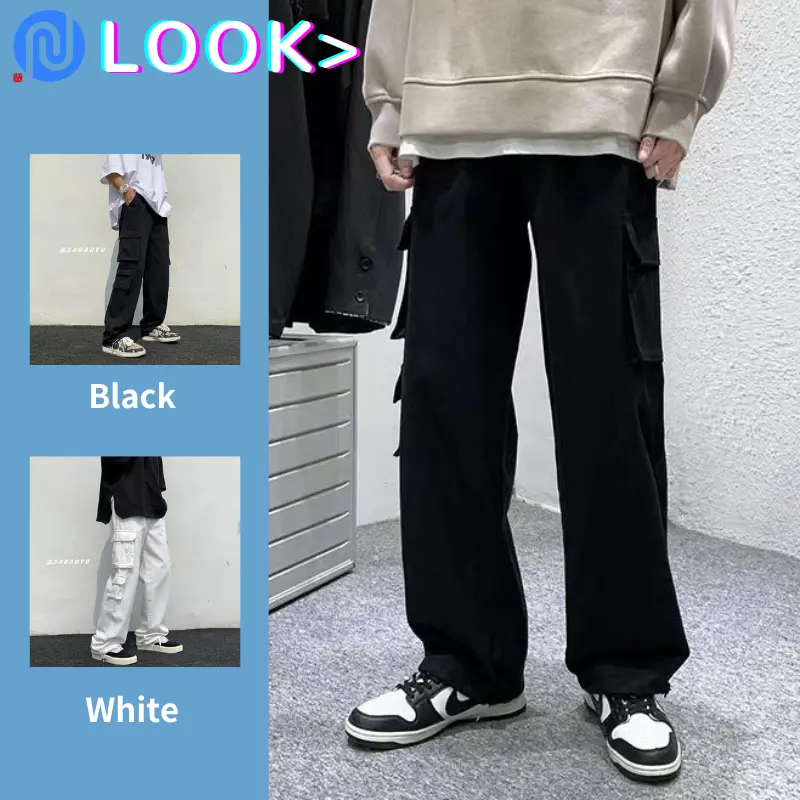 American Retro Multi Pocket White Cargo Pants Men'S Casual Sports Trousers Drawstring Leggings