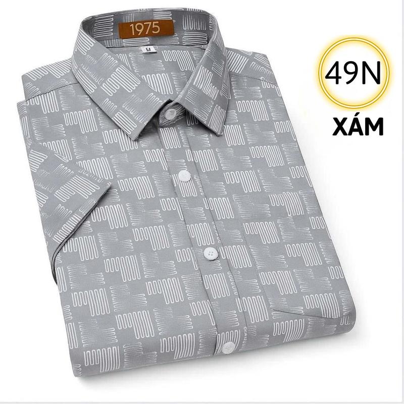  Áo sơ mi nam tay ngắn thương hiệu 1975 trung niên có túi loại áo sơ mi tặng cha Mã 49-53 có size lớn 105kg vải lụa co giãn mềm mịn không nhăn form rộng suông xẻ tà classic menswear shirt 