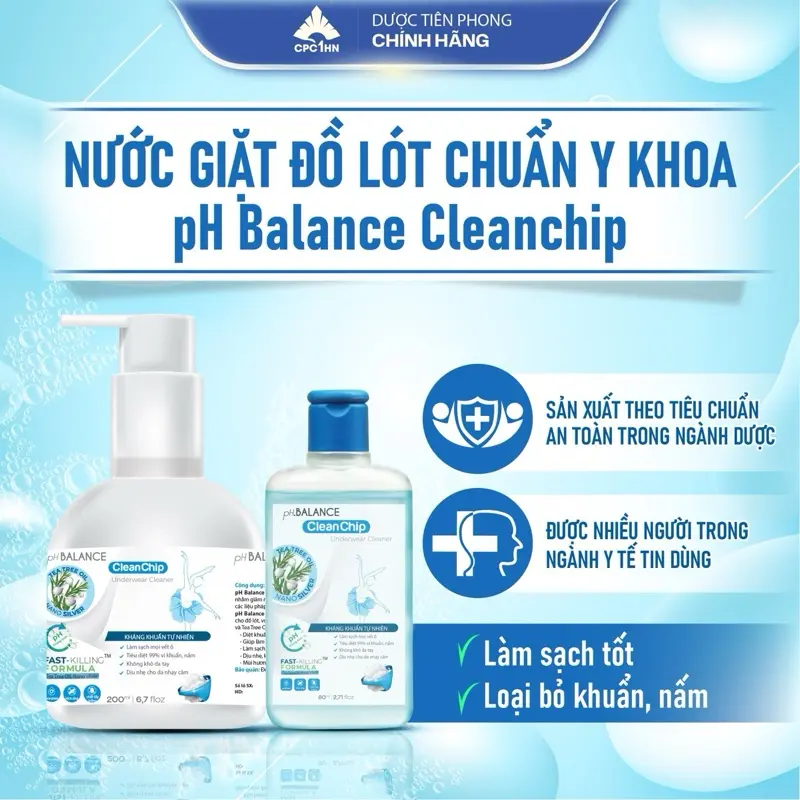 [có che tên] Nước giặt quần lót chuẩn y khoa pH Balance Cleanchip 80ml Nano Bạc và Tràm Trà Hạn chế nấm kh.uẩn, Giặt sạch vết bẩn, dịu nhẹ an toàn cho da