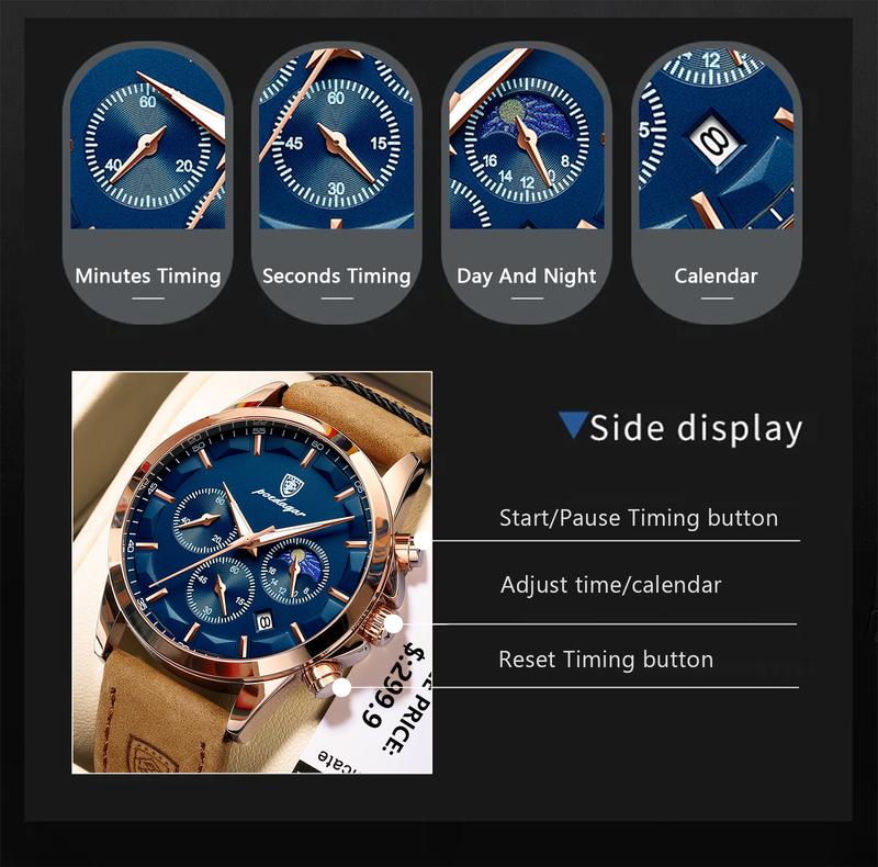 Product Introduction of Men Quartz Watch Luxury Sports Waterproof Chronograph Luminous Date Man Wristwatch Business Leather Men's Watches Clock 15