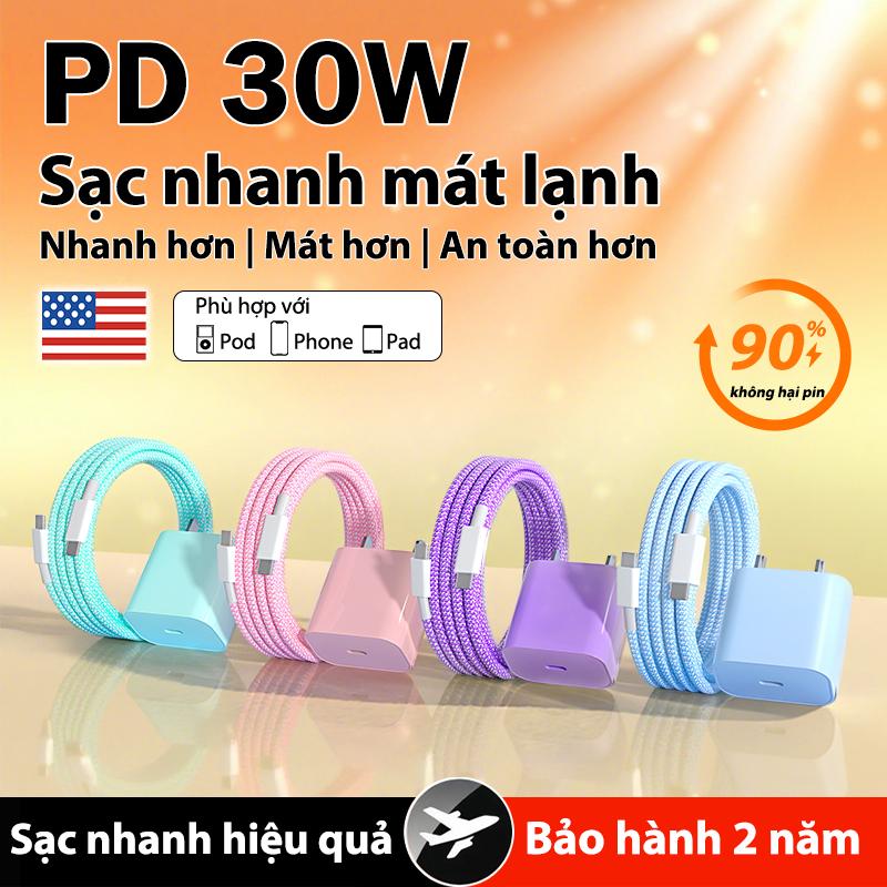  Bộ Sạc Nhanh PD 30W 20W Chính Hãng Dây Cáp Dù Type C-Lightning 1M+Củ Sạc USB-C Tương Thích iPhone 8-14 Pro Max Bảo Hành 5 Năm Sạc 60 Phút Pin Lên 80% 