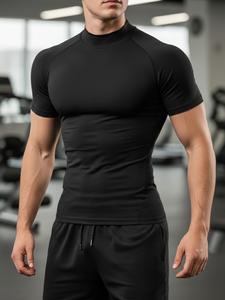 Camiseta de hombre de compresión de secado rápido con cuello alto y manga corta - transpirable, que absorbe la humedad y de alta elasticidad para gimnasio, correr y entrenamiento al aire libre