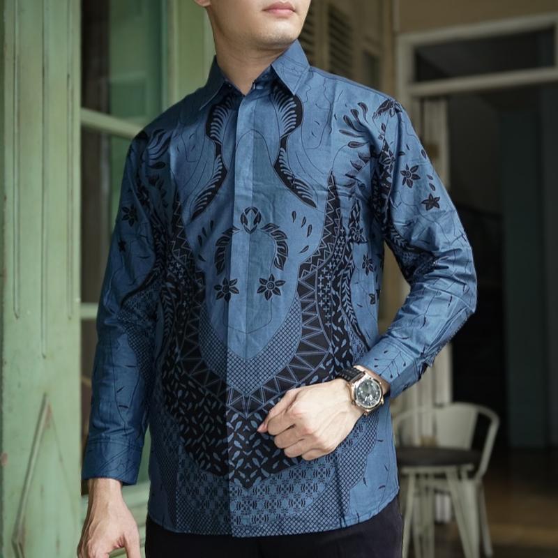 Batik Barata 2 katun slimfit kemeja denim pria premium Formal Motif Nyaman Panjang Kain Kerja Baju Hitam Biru Hem Casual Pendek Kantor Navy Cowok Distro kemeja  paspampres  original 2
