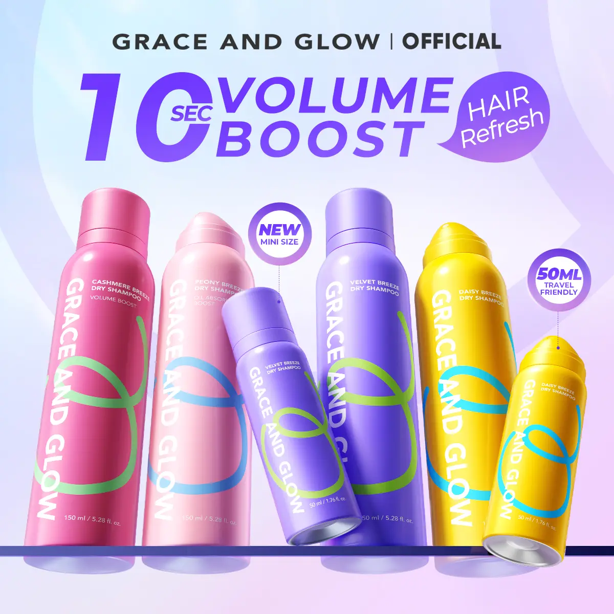 [MINI SIZE 23 SEPT] Dry Shampoo Grace and Glow 150 ml | Daisy Breeze, Velvet Breeze, Peony Breeze, Cashmere Breeze | For Hair & Scalp | 10 Sec Instant Hair Refresh | Perawatan Rambut Lepek, Anti Bilas, Instan Ready | Cocok untuk Travelling
