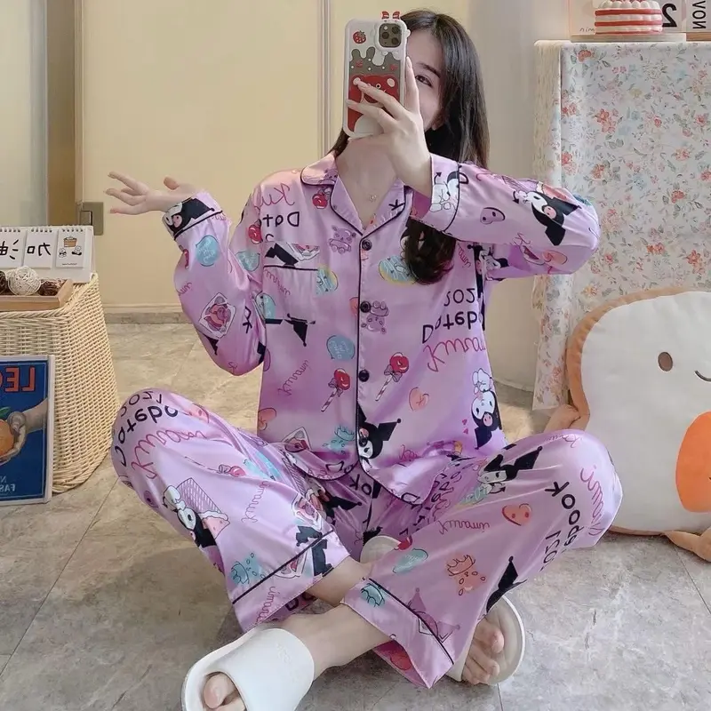 (READY) Piyama Satin Premium Kancing Elegant Lengan Panjang Celana Panjang Premium Baju Tidur Baju Tidur Wanita Perempuan Setelan Tidur Pendek 8