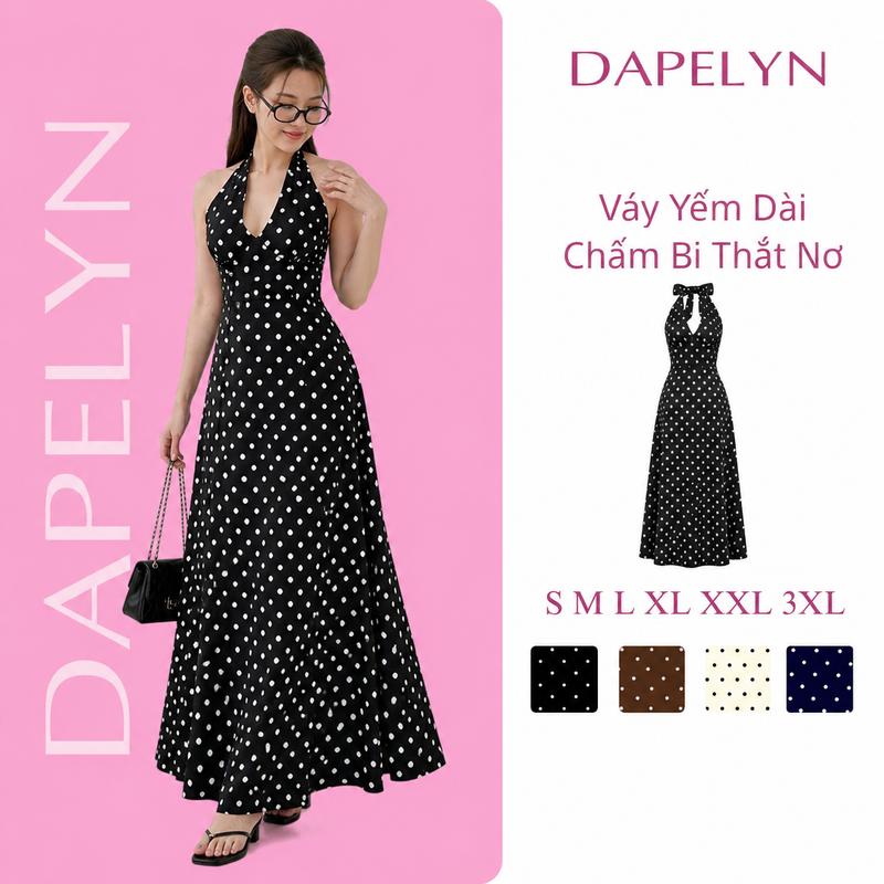 Đầm Maxi Cổ Yếm Chấm Bi Thanh Lịch Dáng Ôm Eo Tôn Dáng Phong Cách Vintage -…