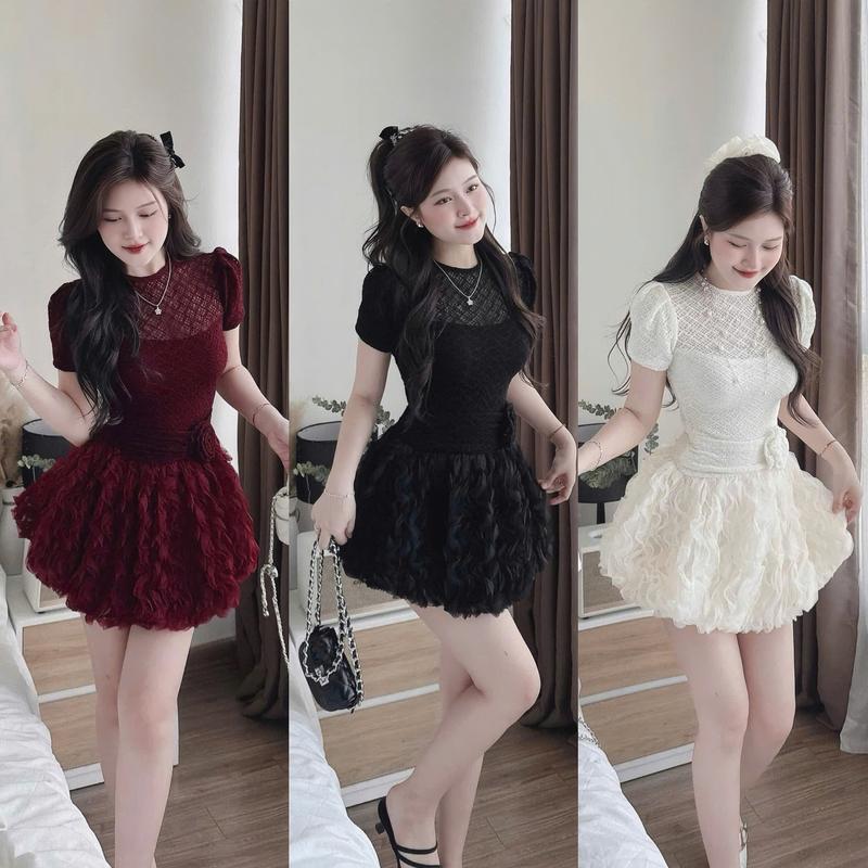 Đầm váy nữ ren 2 lớp thiết kế cổ tròn tay ngắn đính bông phối tùng xòe voan xoắn Có Lót sang chảnh dành cho các nàng diện đi chơi đi tiệc