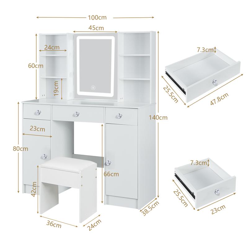 Modern White Dressing Table 3 Drawers Vanity Makeup Desk with Smart LED Mirror & Stool White 7
