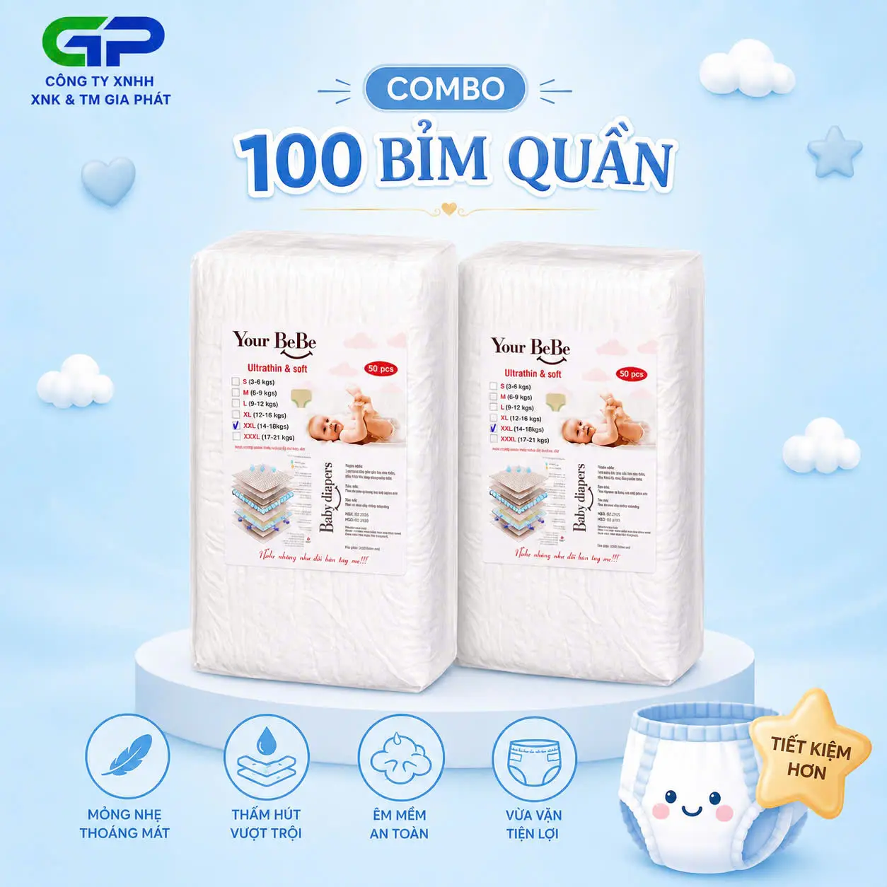 [ YOURBEBE / BEBE GOLD 1  ] :  Combo 100  Bỉm quần ( Gồm 2 bịch ) ,Bỉm mỏng 2mm,  form suông , Đủ  size từ  M Đến 3XL, Thấm hút  500ml .