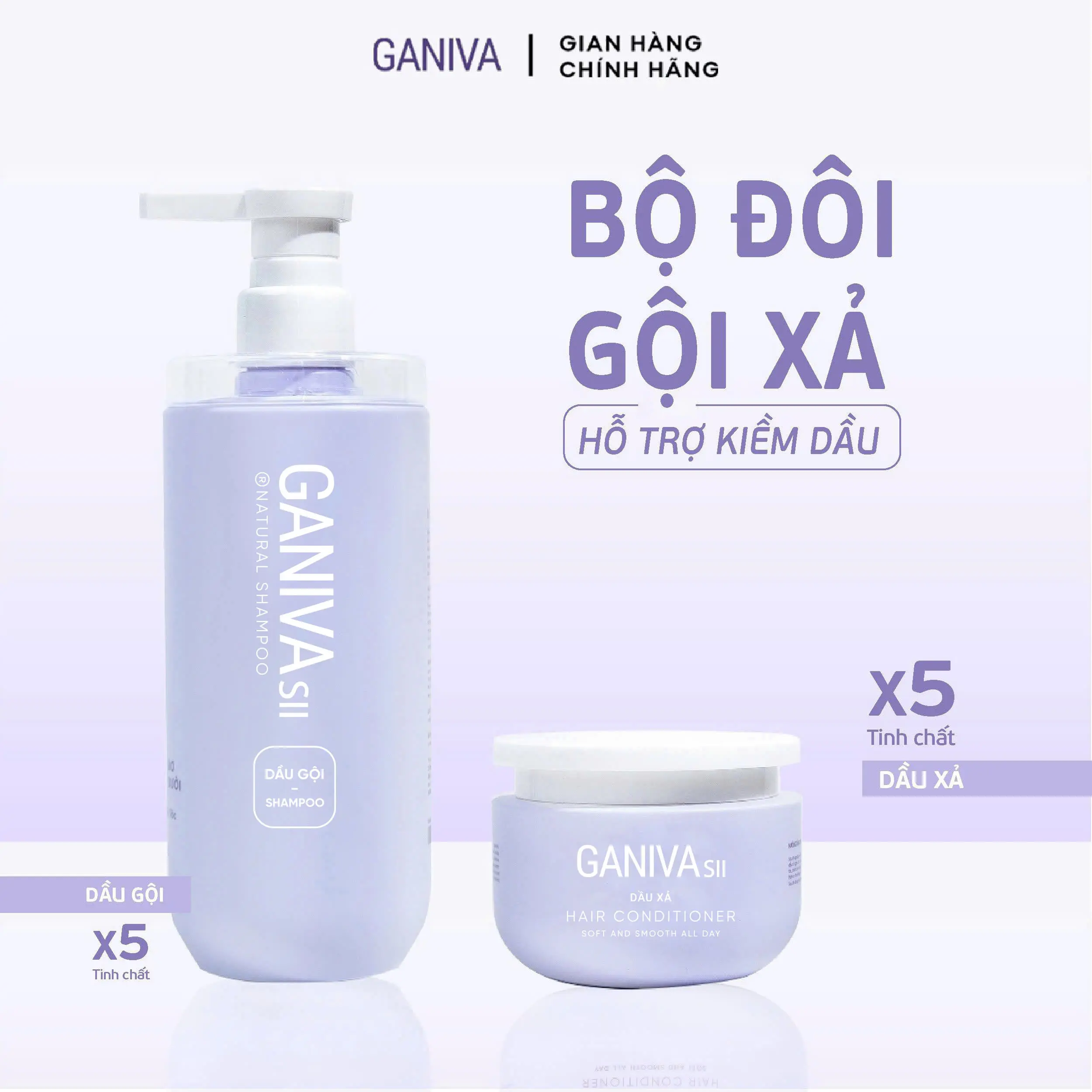 Combo Dầu Gội + Dầu Xả Ganiva - Bản Kiềm Dầu Tím, Hỗ Trợ Kiềm Dầu, Chăm Sóc Tóc, Mềm Mượt Tóc