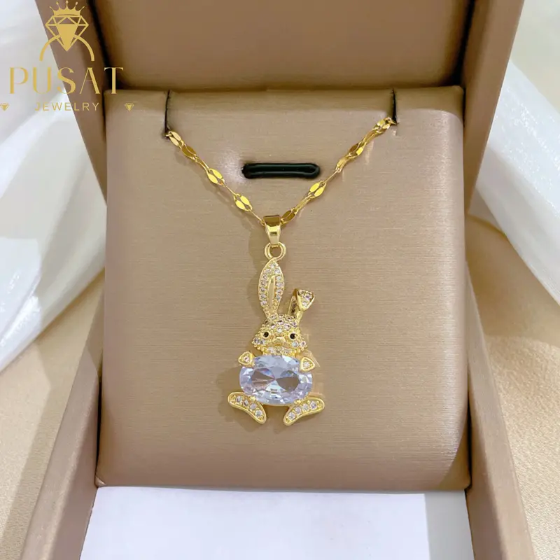 PJ K357 KALUNG TITANIUM WANITA LIONTIN RABBIT BERLIAN GOLD 0
