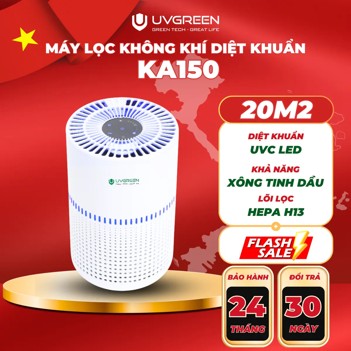 [UVG] Máy Lọc Không Khí Diệt Khuẩn UVGREEN KA150 15m2 - Công Nghệ UVC LED hiện đại, Khuyếch Tán Tinh Dầu, Làm Sạch không khí, Lõi  HEPA H13  Sạch Bụi Mịn, Bảo Hành 24 Tháng, Air Purifiers