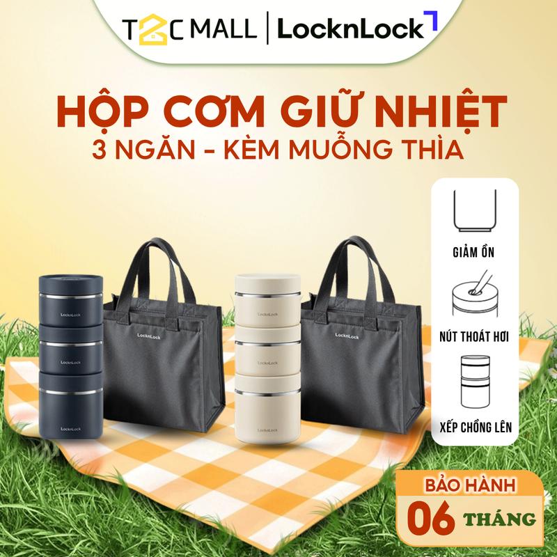 (Kèm Thìa Đũa Inox Và Túi Đựng Giữ Nhiệt) Bộ Hộp Cơm Giữ Nhiệt Văn Phòng LocknLock Thép không gỉ SUS304 3 Ngăn Đều Giữ Nhiệt dung tích 1100ml (300ml*2, 500ml*1) LHC8052S02 Hàng Chính Hãng T2Cmall hộp  cơm