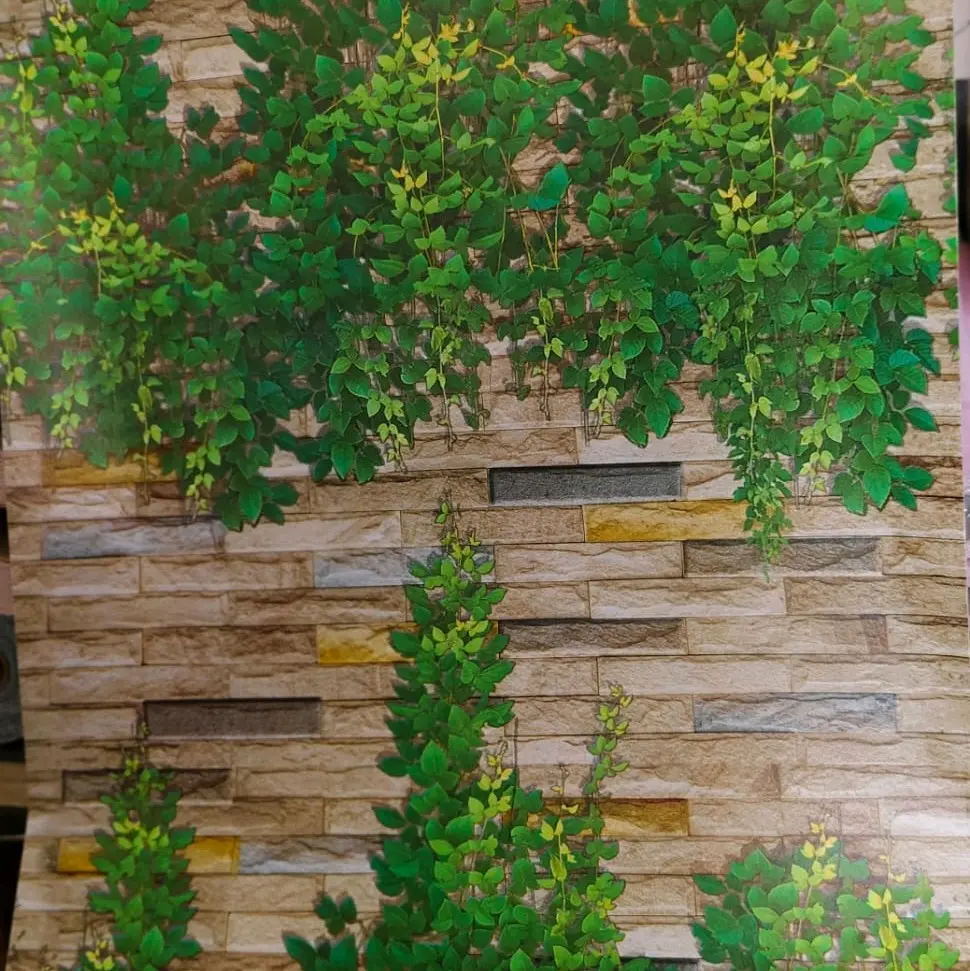 Wallpaper Stiker Dinding Batu Bata Coklat Daun Merambat Elegan Keginian Kertas