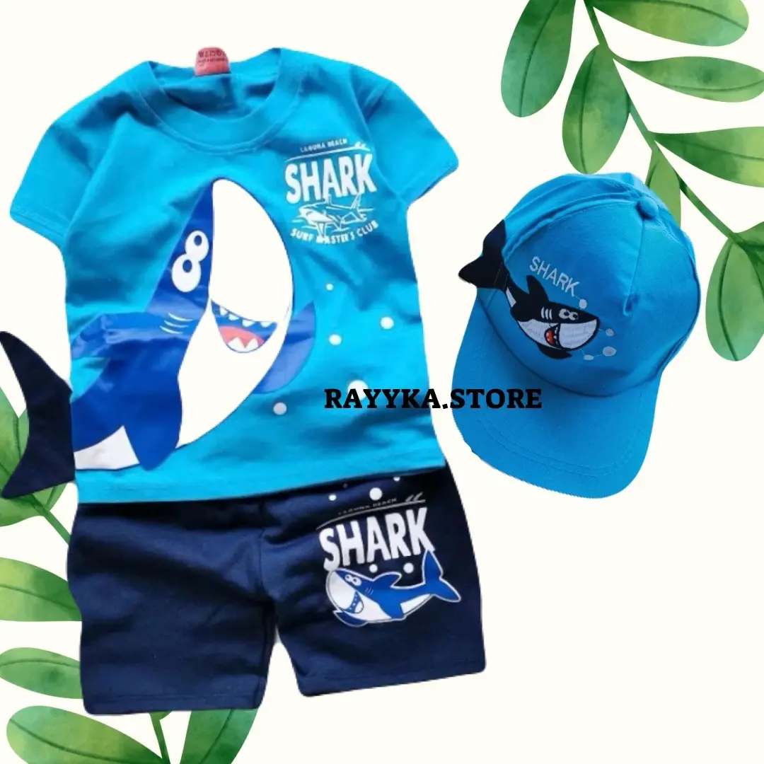 BAJU BABY SHARK ANAK LAKI LAKI SETELAN HARIAN KIDS COWOK ADA TOPI UNTUK UMUR 1-10 TAHUN Katun Laki-Laki Parsel