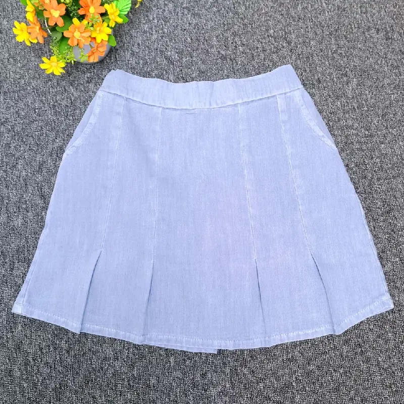 RCP-Rok celana pleated depan Rok belakang celana pinggang karet Santai Wanita Denim Jeans Biru Dewasa Nyaman Standar 4