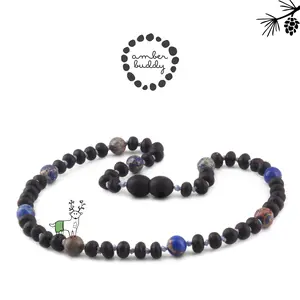 Amber Buddy | LE572 Kalung Bayi Baltic Amber Kombinasi Deep Blue Imperial Jasper. 32 cm