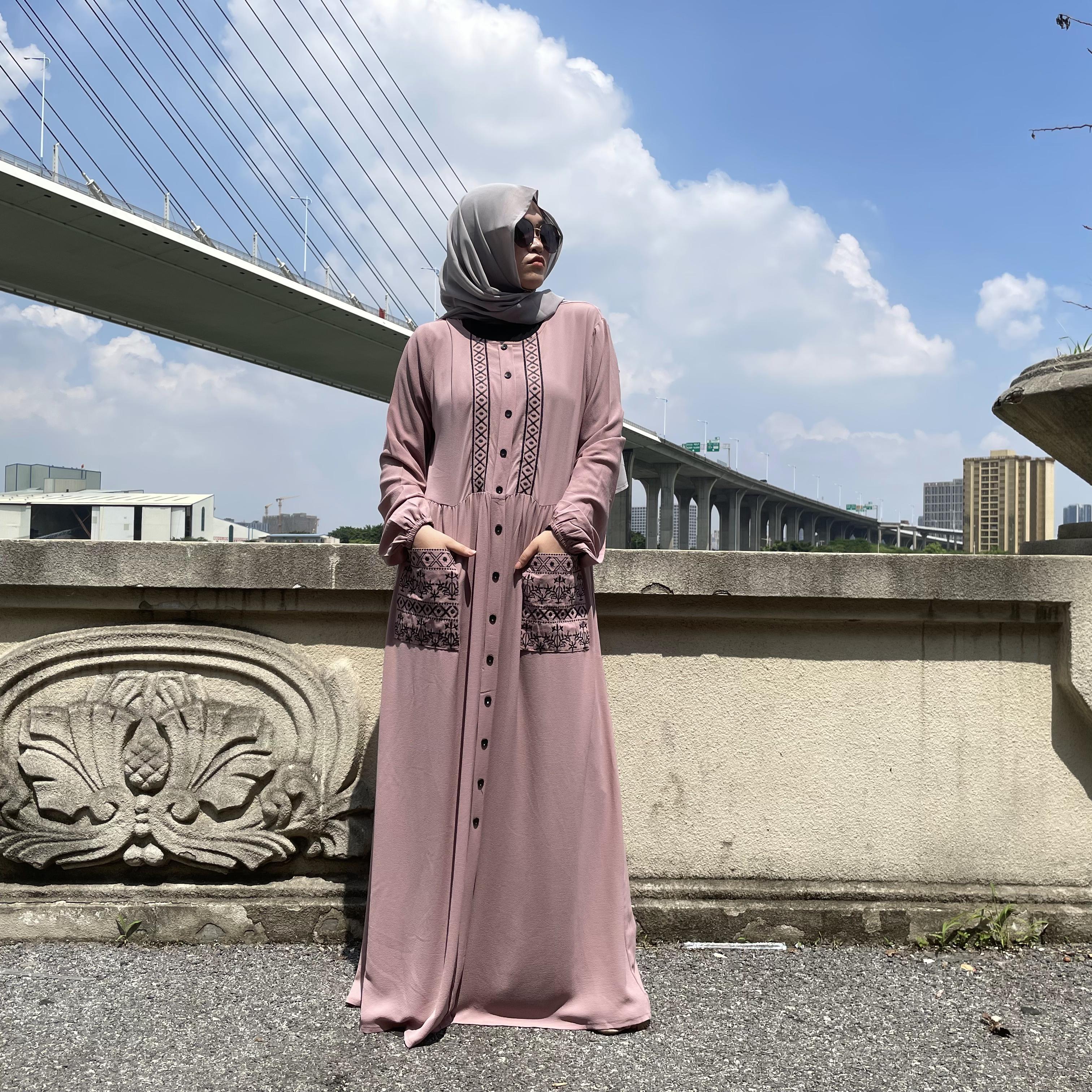 6166# Muslims Fashion Dress Embroidery Have Pocket Abaya - CHAOMENG MUSLIM SHOP