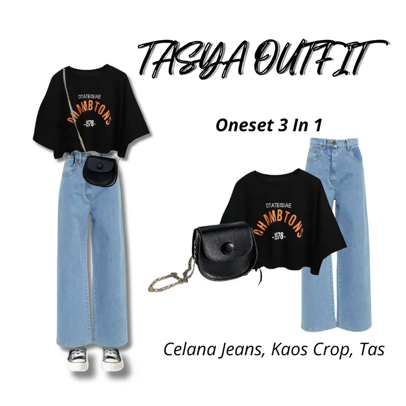 Tasya Outfit Oneset 3 In 1 Korean (Kaos Crop, Celana Jeans, Tas) - PF47 Setelan Santai 0