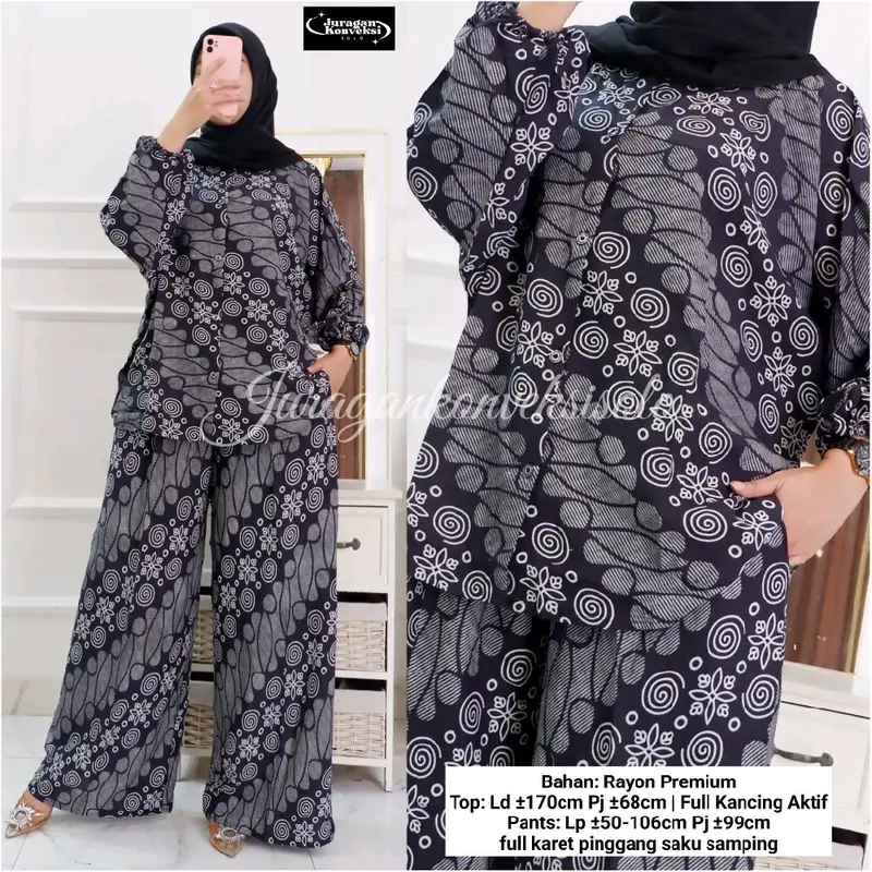 Seruni Setelan Jumbo  Blouse Batwing dan Kulot Bahan Rayon Batik Adem Nyaman Busui Kancing Aktif Baju Motif Celana Panjang Muslim Karet Samping Top 8
