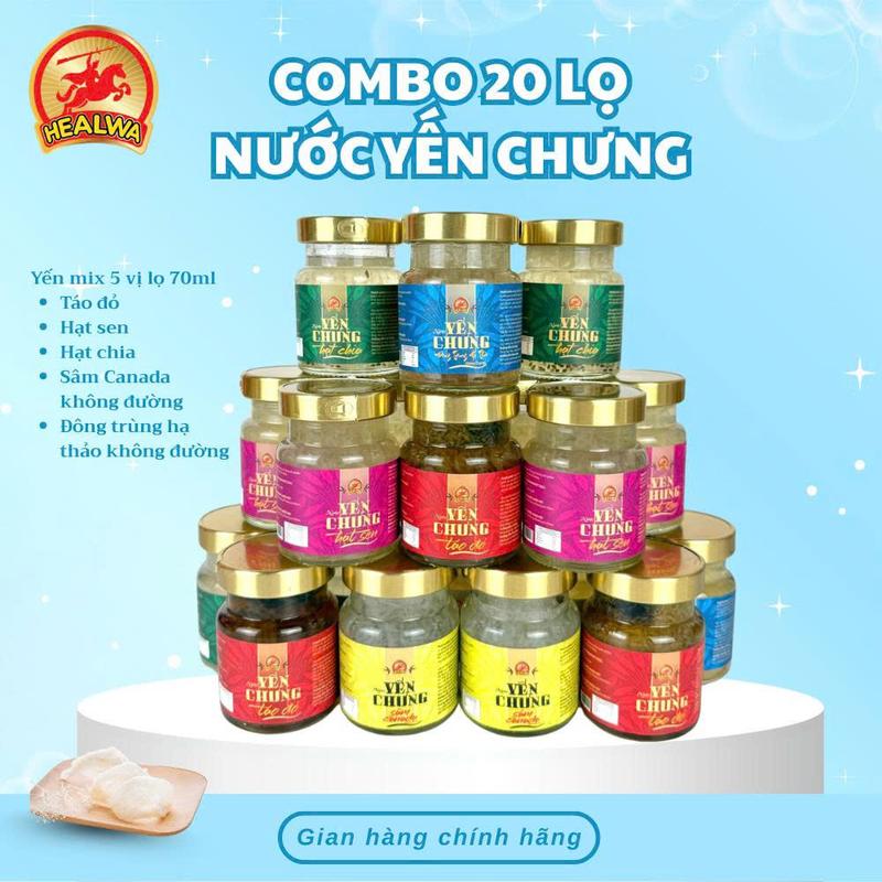 Combo 20 lọ nước yến mix 5 vị lọ 70ml gồm: Táo Đỏ Hạt Sen Hạt Chia Sâm Canada không đường dùng đường cỏ ngọt Đông trùng hạ thảo không đường dùng đường cỏ ngọt. 