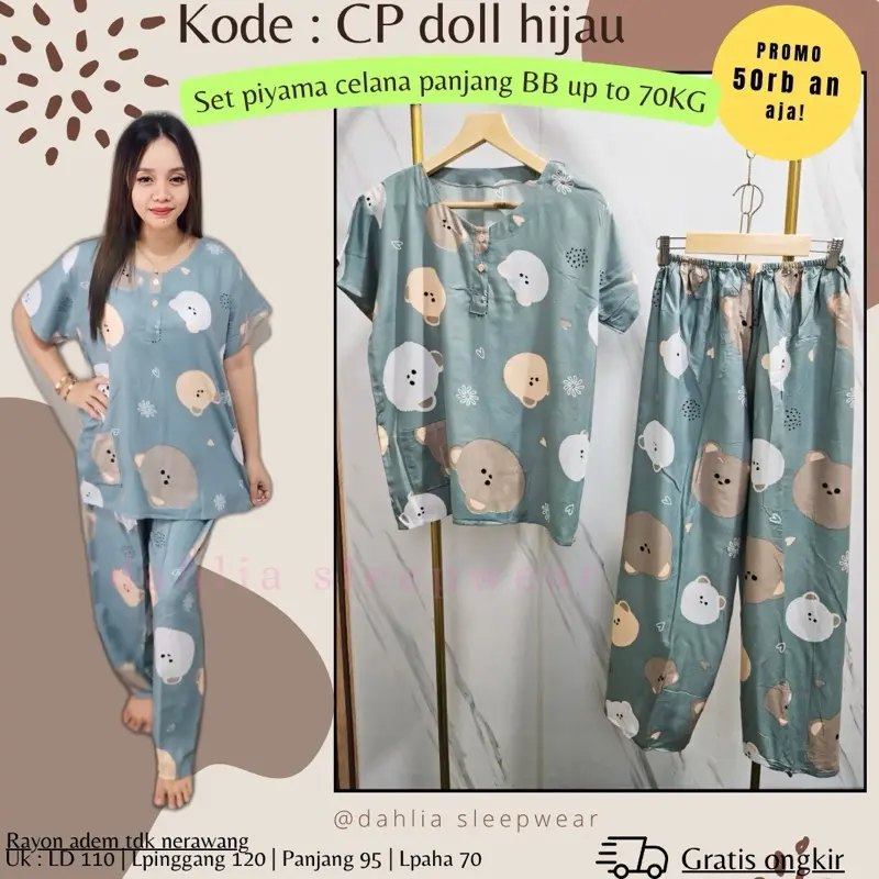 CP doll hijau + piyama pendek/panjang tulis warna