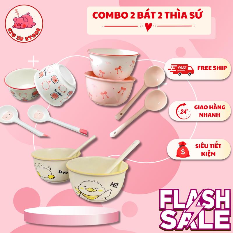 SET 2 BÁT SỨ + 2 THÌA SỨ HÌNH DỄ THƯƠNG, COMBO 2 BÁT 2 THÌA SỨ HÌNH VẼ ĐÁNG YÊU , BÁT GIÚP BÉ ĂN NGON 0