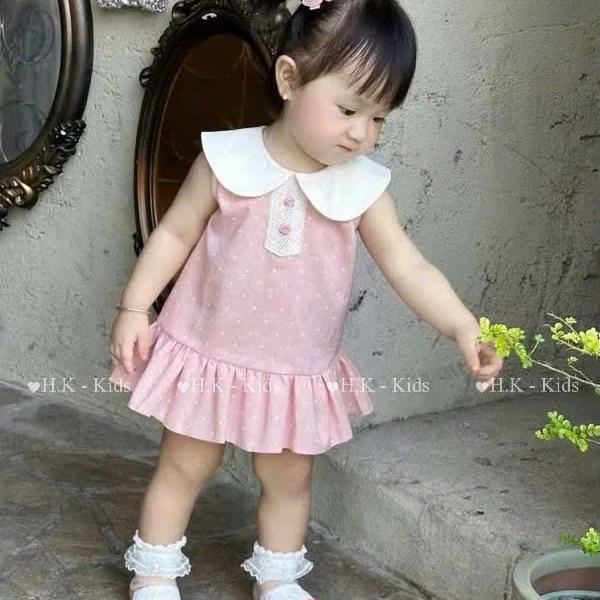 (Kèm chip) set váy babydoll cổ sen chấm bi cho bé gái mặc hè hai màu hồng và xanh