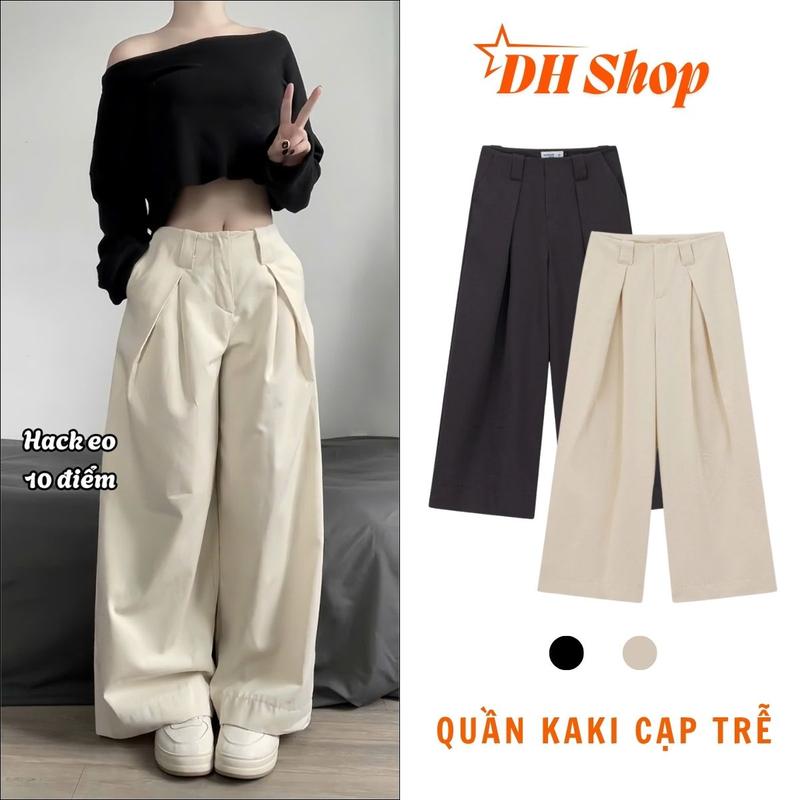 Quần Kaki Cạp Trễ Ống Suông Rộng DH Shop Mẫu Mới Hottrend Form Rộng Basic Phong Cách Châu Âu Cao Cấp 2 Màu Đen - Kem